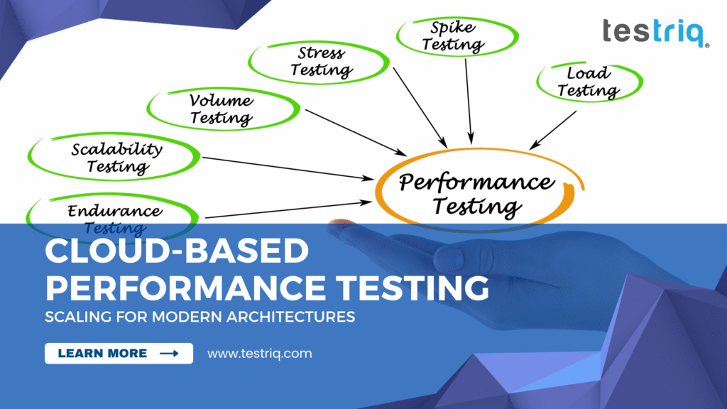Diagram showing types of performance testing including load, stress, spike, volume, scalability, and endurance testing, with cloud-based performance testing banner